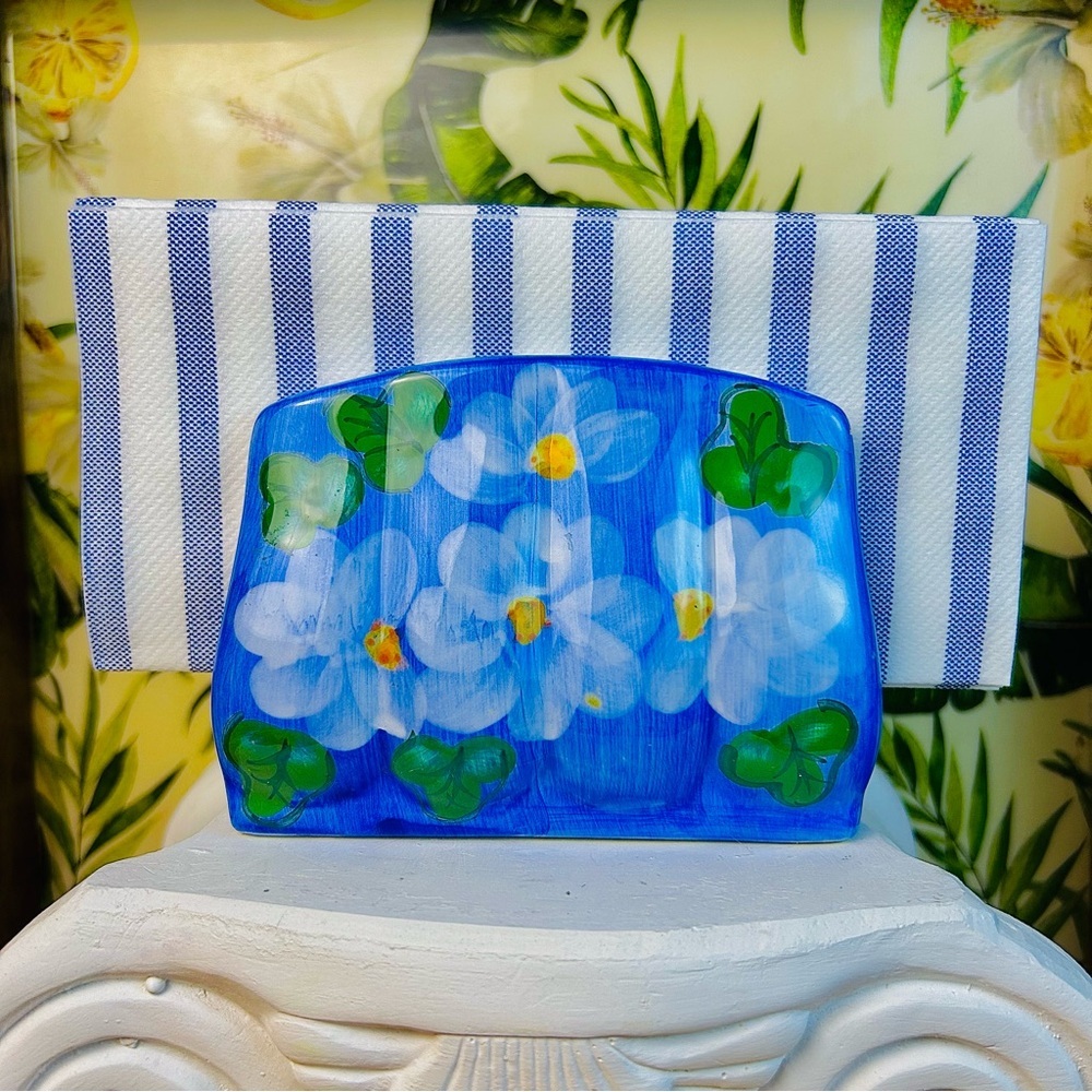 Hand-Painted Ceramic Napkin Holder Blue‎ Floral Cottage Décor - Picture 3 of 9